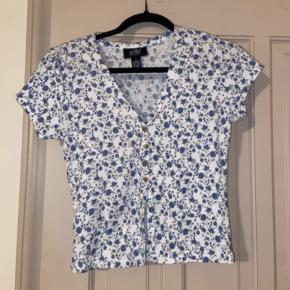 Floral Button-Up Top - Blue and White